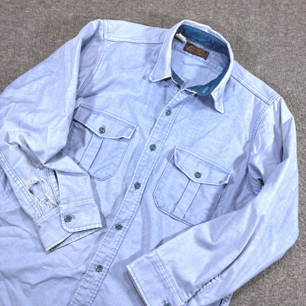 Vintage Eddie Bauer Work Shirt Men Large Alta Blue Distressed USA Made 80s